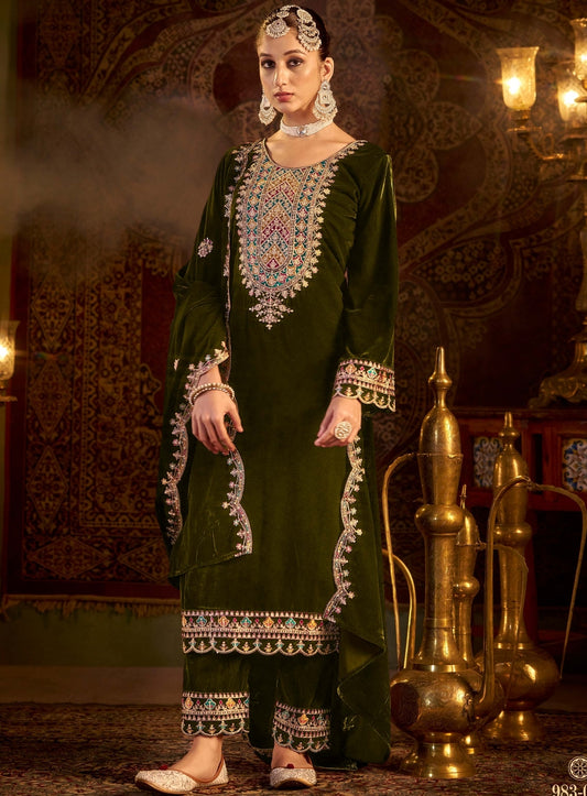 TrendyFashionBazar Designer Mehndi Velvet Salwar Kameez With Embroidery Work