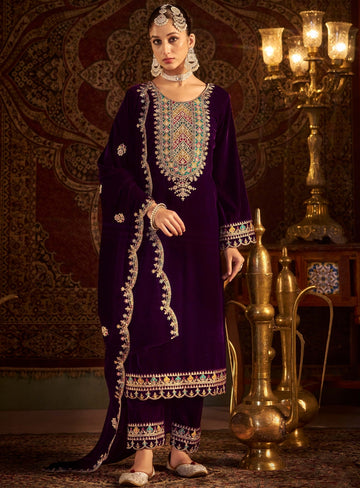 TrendyFashionBazar Designer Wine Velvet Salwar Kameez With Embroidery Work