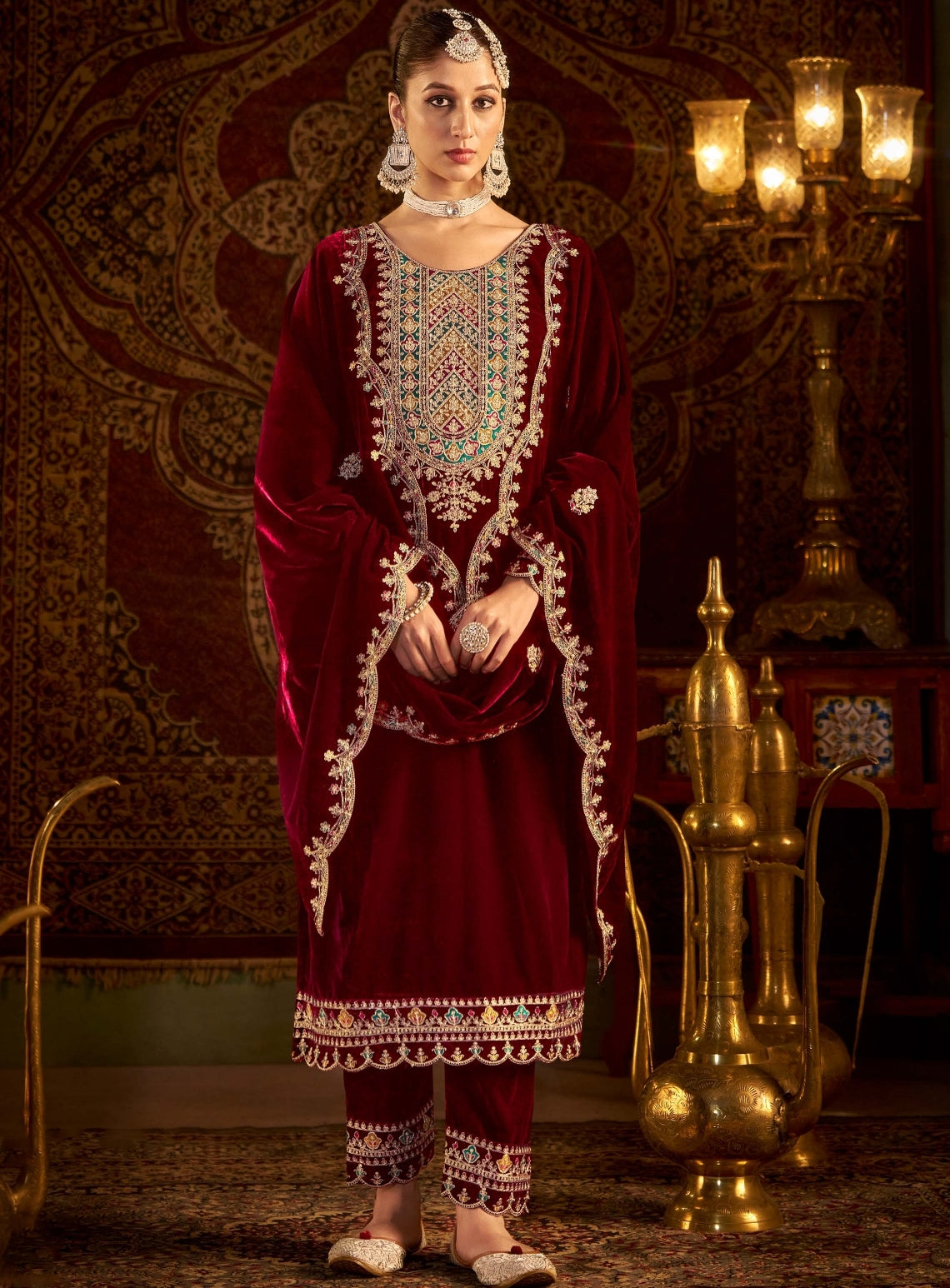 TrendyFashionBazar Designer Maroon Velvet Salwar Kameez With Embroidery Work