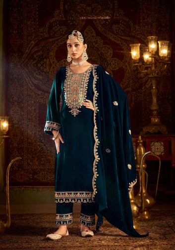 TrendyFashionBazar Designer Morpich Velvet Salwar Kameez With Embroidery Work