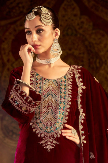 TrendyFashionBazar Designer Maroon Velvet Salwar Kameez With Embroidery Work