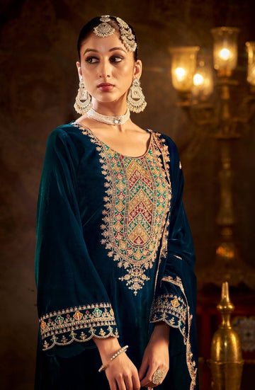 TrendyFashionBazar Designer Morpich Velvet Salwar Kameez With Embroidery Work